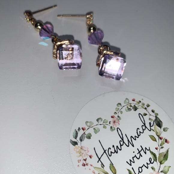 Cubic Zirconia Post Stud With Dangling Drop Purple Cubic Crystal Pendant - Picture 4 of 15